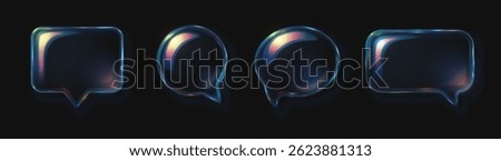 Collection of glass transparent speech bubble icons with refraction and holographic effect with dispersion light overlay isolated on dark background. Vector 3d illustration.
