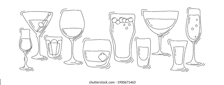 Kollektion von Gläsern von Alkohol dünnen Linien. Bier Champagner Rotwein Spirituosen Wodka martini Whiskey Rum tequila. Hand zeichnen Cartoon-Illustration. Doodle Line Grafikdesign. Freehand Zeichnen Stil.
