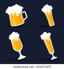 Collection of glasses of beer with foam or froth. Set of mugs of ale. Alcoholic beverage in bar, pub, and restaurant. Symbol of drink for celebration. Cartoon vector illustration. Flat graphic icon. 