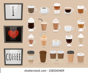 Collection of glasses with drinks. Coffee types, variety of beverages. Americano and latte macchiato, iced coffee and irish type. Frappuccino and frappe, bicerin and cocoa takeaway. Vector in flat