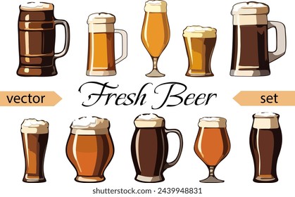 Collection of glasses and mugs.Vector set of beer mugs and glasses on a transparent background with text.