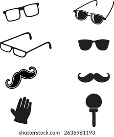 Collection of Glasses, Mustaches, and a Hand in Monochrome Style and key