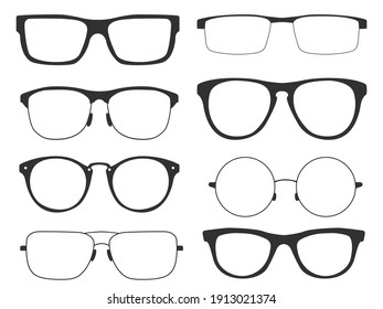 Collection of glasses. Retro glasses with black frames for man and woman, isolated on white background. Vector illustration 