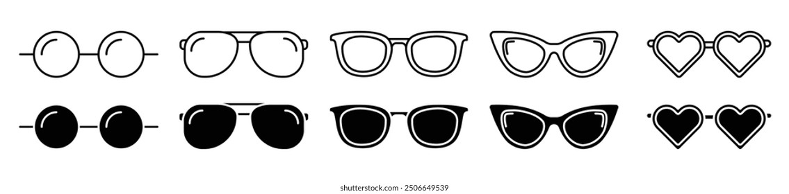 Collection of glasses vector illustration. Features retro glasses with black frames for both men and women, isolated on a white background