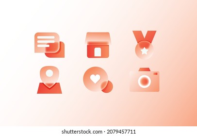 collection of glassmorhp icon with soft red gradient chat app, gps, medals, location, love and camera icons 