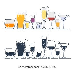 Set drink alcohol glass for beer, whiskey, wine, tequila, cognac,  champagne, brandy, cocktails, liquor. Vector illustration isolated on white  background., Stock vector