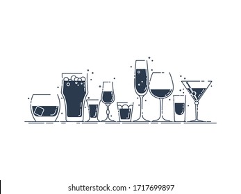 Collection glassware alcoholic drinks. Alcohol glass stand in row. Illustration isolated. Flat design style with black fill. Beer champagne wine whiskey liquor vodka martini whiskey rum tequila.
