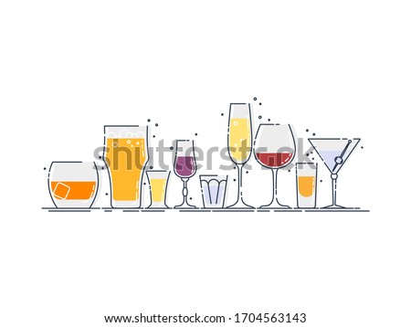 Collection glassware alcoholic drinks. Alcohol glass stand in row. Illustration isolated. Flat design style with color fill. Beer champagne wine whiskey liquor vodka martini whiskey rum tequila.

