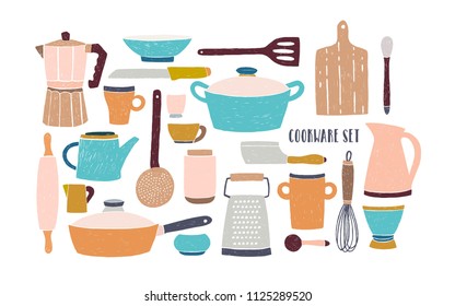 Collection of glassware, kitchenware and cookware. Set of kitchen utensils for home cooking and tools for food preparation isolated on white background. Colored vector illustration in doodle style.