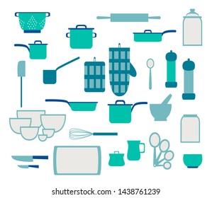 Collection of glassware kitchenware and cookware set of kitchen utensils for home cooking flat vector illustration