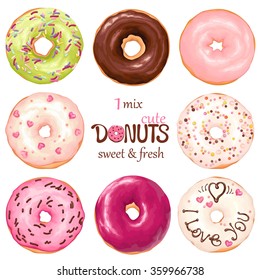 Collection of glazed colored donuts, vector 1 mix.