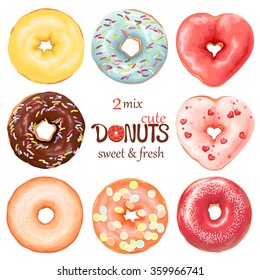 Collection of glazed colored donuts, vector 2 mix.