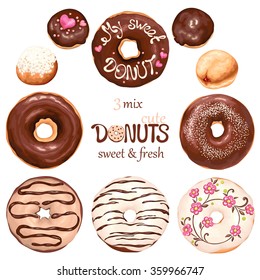 Collection of glazed colored donuts, vector 3 mix.