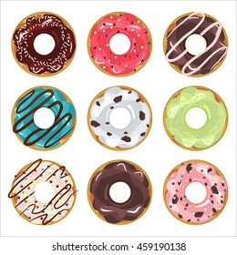 Collection of glazed colored donuts vector with icing sprinkles. Donut set with sprinkles isolated, tasty cream dough nut. Pastry snack cake breakfast donut food bakery sugar chocolate delicious.