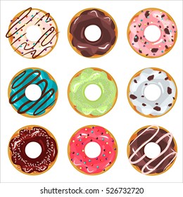 Collection of glazed colored donuts vector with icing sprinkles. Donut set with sprinkles isolated, tasty cream dough nut. Pastry snack cake breakfast donut food bakery sugar chocolate delicious.