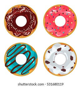 Collection of glazed colored donuts vector with icing sprinkles. Donut set with sprinkles isolated, tasty cream doughnut. Pastry snack cake breakfast donut food bakery sugar chocolate delicious.