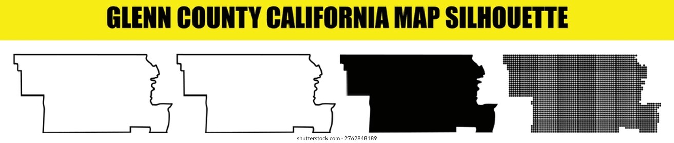 Collection of Glenn County California map outlines, showing different styles: solid fill, outline, and dotted pattern. USA state county geography representation.