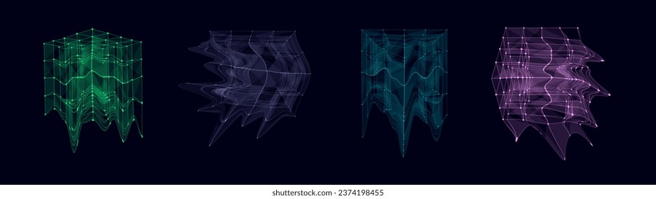 Collection of glitch cube of glowing particles and with explosion effect. Big data visualization. Modern sci-fi elements consisting of points. Technology vector illustration.