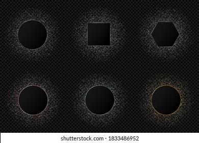 Collection of glitter metal frames. Shine sparkle confetti border set, silver, golden and rose. Round, square and hexagon shapes. Christmas design elements on transparent background