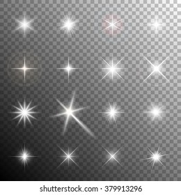 Collection of glittering stars and flickering lights. Transparent light effects. Vector illustration