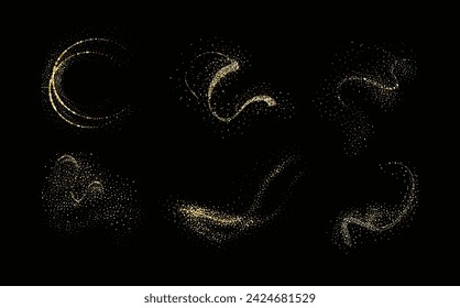 Collection of glittering stars with golden shimmering swirls, shiny glitter design. Magical motion, sparkling lines on a black background.