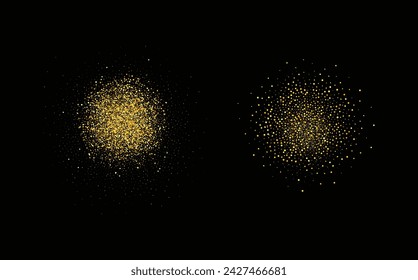 Collection of glittering stars with golden shimmering swirls, shiny glitter design. Magical motion, sparkling lines on a black background.