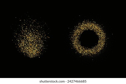 Collection of glittering stars with golden shimmering swirls, shiny glitter design. Magical motion, sparkling lines on a black background.