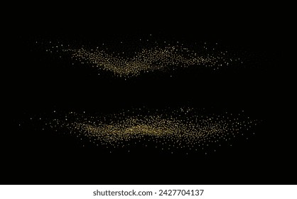 Collection of glittering stars with golden shimmering swirls, shiny glitter design. Magical motion, sparkling lines on a black background.