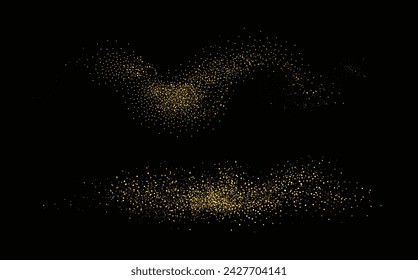 Collection of glittering stars with golden shimmering swirls, shiny glitter design. Magical motion, sparkling lines on a black background.