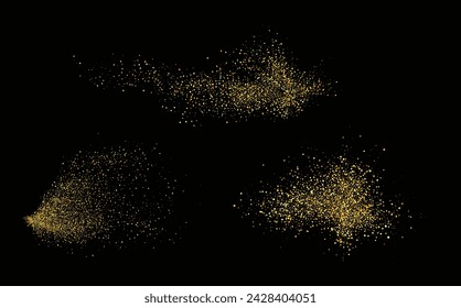 Collection of glittering stars with golden shimmering swirls, shiny glitter design. Magical motion, sparkling lines on a black background.