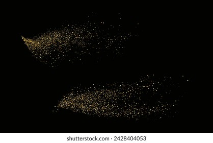 Collection of glittering stars with golden shimmering swirls, shiny glitter design. Magical motion, sparkling lines on a black background.