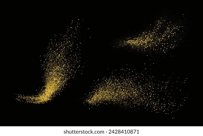 Collection of glittering stars with golden shimmering swirls, shiny glitter design. Magical motion, sparkling lines on a black background.