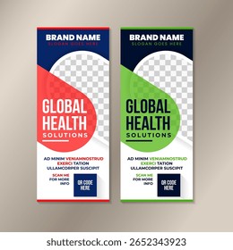 collection of global health solutions vector roll up banner template. Flyer, booklet, printable leaflet design with space for photo. Magazine page, report, vertical layout posters