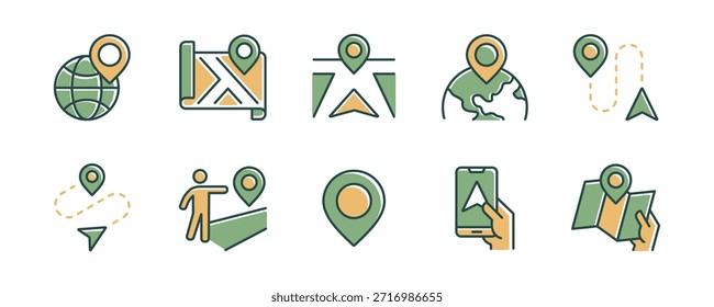 Collection of global navigation map pinpoint location icon set. Compass journey, navigate route direction, travel marker position, destination arrow navigator signs vector illustration