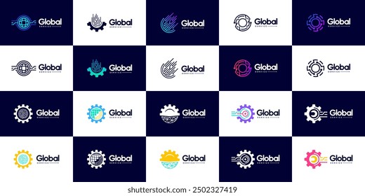 colección de logotipos de servicios globales, engranajes, conexiones de red, mecánica eléctrica, Diseños gráficos de Vector.