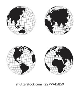 collection of globe silhouettes continent maps with longitude