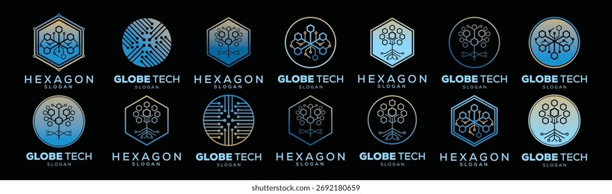 Logotipo de la tecnología del globo de la colección y diseño del logotipo de la tecnología del hexágono, Vector global y de la Plantilla del diseño de la tecnología del círculo.