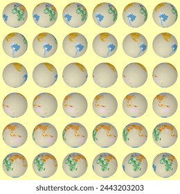 Collection of globes. Normal sphere view. Rotation step 10 degrees. Colored countries style. World map with sparse graticule lines on warm background. Impressive vector illustration.