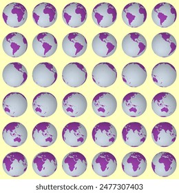 Collection of globes. Normal sphere view. Rotation step 10 degrees. Solid color style. World map with graticule lines on luminous background. Creative vector illustration.