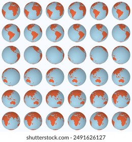 Colección de globos. Vista de esfera normal. Paso de rotación 10 grados. Estilo de color sólido. Mapa del mundo con líneas de gránulos densos sobre fondo de luminosidad. Ilustración vectorial elegante.