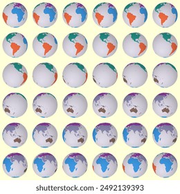 Collection of globes. Normal sphere view. Rotation step 10 degrees. Colored continents style. World map with dense graticule lines on pale background. Captivating vector illustration.