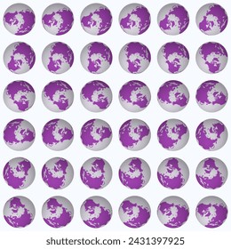 Collection of globes. North pole sphere view. Rotation step 10 degrees. Solid color style. World map with graticule lines on luminosity background. Decent vector illustration.