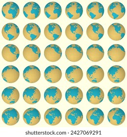 Collection of globes. Slanted sphere view. Rotation step 10 degrees. Solid color style. World map with graticule lines on light background. Comely vector illustration.