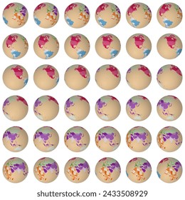 Collection of globes. Slanted sphere view. Rotation step 10 degrees. Colored countries style. World map with dense graticule lines on white background. Lively vector illustration.