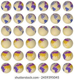 Collection of globes. Slanted sphere view. Rotation step 10 degrees. Colored continents style. World map with sparse graticule lines on white background. Beautiful vector illustration.