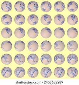 Collection of globes. Slanted sphere view. Rotation step 10 degrees. Colored countries style. World map with sparse graticule lines on warm background. Juicy vector illustration.