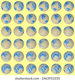 Collection of globes. Slanted sphere view. Rotation step 10 degrees. Colored countries style. World map with dense graticule lines on luminous background. Neat vector illustration.
