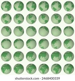 Collection of globes. Slanted sphere view. Rotation step 10 degrees. Solid color style. World map with sparse graticule lines on pale background. Admirable vector illustration.