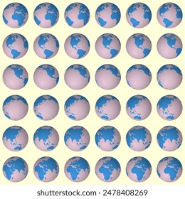 Collection of globes. Slanted sphere view. Rotation step 10 degrees. Solid color style. World map with sparse graticule lines on pale background. Pleasing vector illustration.