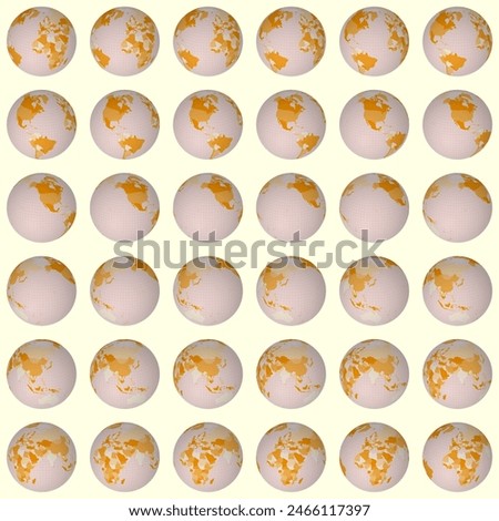 Collection of globes. Slanted sphere view. Rotation step 10 degrees. Colored countries style. World map with dense graticule lines on warm background. Terrific vector illustration.